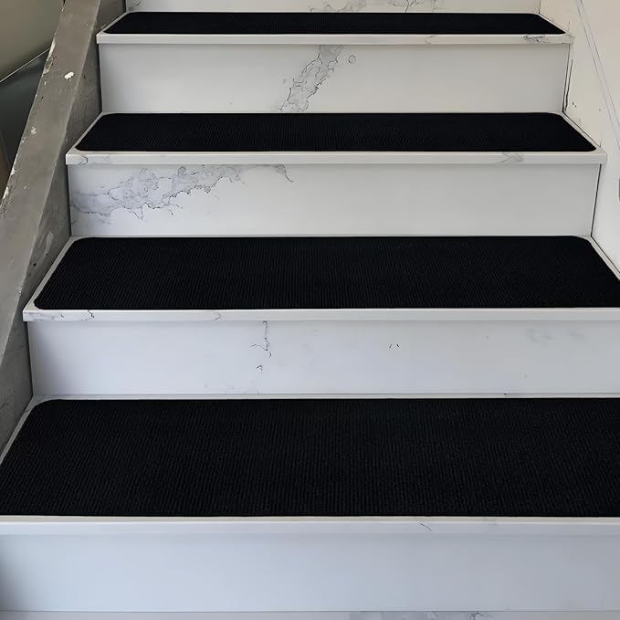 Nonslip Stair Treads Wooden Steps, 15 PCS 30" x 8" Safety Rug Slip Resistant Runner with Reusable Adhesive, Carpet Landing Mat for Family Elders Pets Soft Stair Mats Indoor (Black)