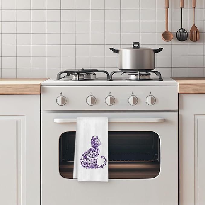 Purple Floral Cat Kitchen Towels, Cat Lovers Mom Lady Gifts Hand Towels for Bathroom, Kitty Kitten Dish Tea Towels for Kitchen Decor, 16x24 Inch