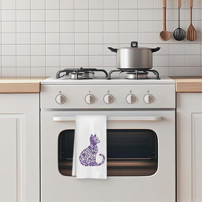 Purple Floral Cat Kitchen Towels, Cat Lovers Mom Lady Gifts Hand Towels for Bathroom, Kitty Kitten Dish Tea Towels for Kitchen Decor, 16x24 Inch