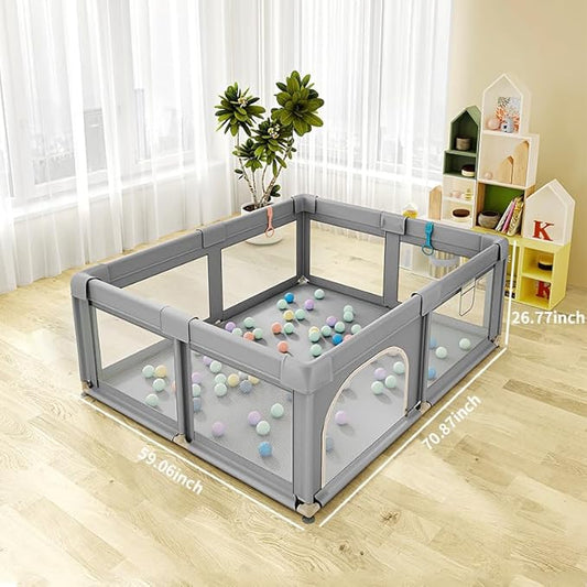 Large Baby Playpen,59" x 71" Baby Playard for Babies and Toddlers, babyFence Play Pens for Indoor & Outdoor, Sturdy Safety Play Yard with Soft Breathable Mesh, Anti-Fall (Grey)