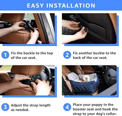 Dog Car Seat for Small Dogs, Washable Pet Booster Seats for Car with Clip-On Safety Leash, Reversible Puppy Carseat with Storage Pockets, Travel Carrier Bed for Dogs Under 25 lbs, Blue