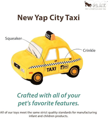 P.L.A.Y. Cute Plush Dog Toys - Canine Commute, Travel Themed Durable Squeaker Chew Toy, Great for Puppies & Small, Medium, Large Dog Breeds - Machine Washable, Recycled Materials (New-Yap City Taxi)