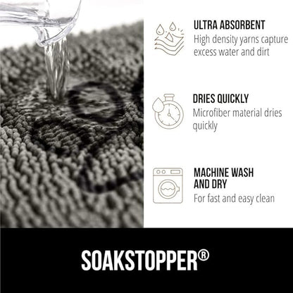 GORILLA GRIP SoakSTOPPER Dog Door Mat, 36x24 Machine Washable Rug Absorbent Doormat Captures Moisture Mud Dirt, Quick Dry Soft Chenille Entryway Rugs Indoor Entrance Mats for Dog Paws, Paw Grey