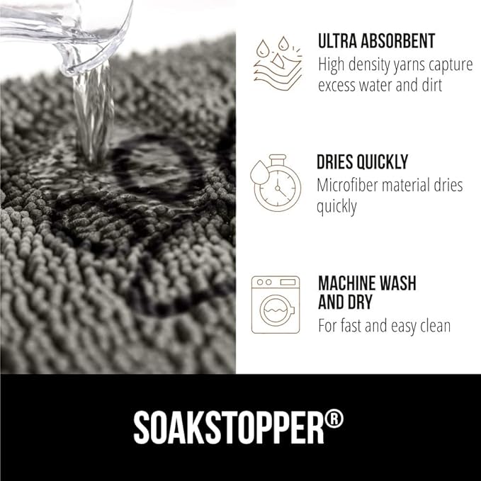 GORILLA GRIP SoakSTOPPER Dog Door Mat, Machine Washable Rug Absorbent Doormat Captures Moisture Mud Dirt, Quick Dry Soft Chenille Entryway Rugs Indoor Entrance Mats for Dog Paws, 24x17 Paw Grey