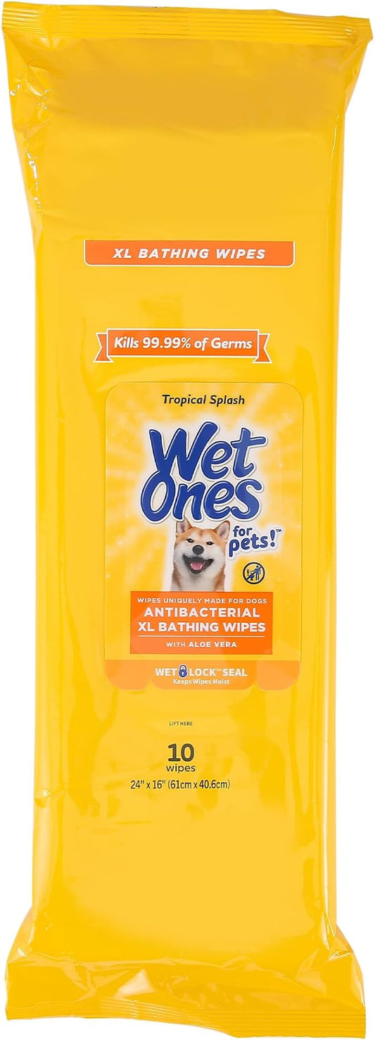 Wet Ones for Pets Multipurpose Dog Wipes with Aloe Vera, Tropical Splash Scent - Extra Large Pet Bathing Wipes with Wet Lock Seal for Dog Paws & All Over Use, 10 Count