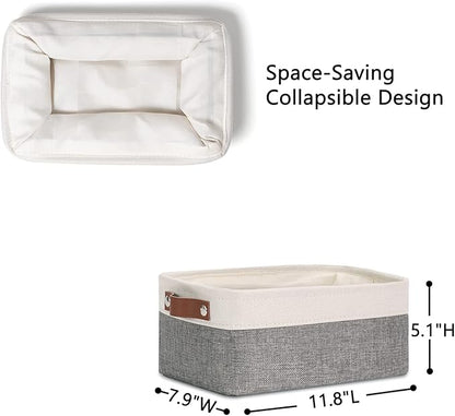 DULLEMELO Small Storage Baskets 6 Pack, Fabric Collapsible Gift Storage Baskets for Shelves, Closets, Nursery, Home, Office Organizing,Small Canvas Linen Rectangular Storage Bins (6-Pack, White&Grey)