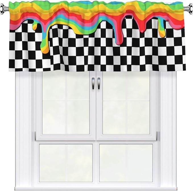 Rainbow Checkerboard Curtain Valance Short Rod Pocket Window Treatment for Living Room Bedroom Kitchen Bathroom 1 Panel 54" W x 18" L