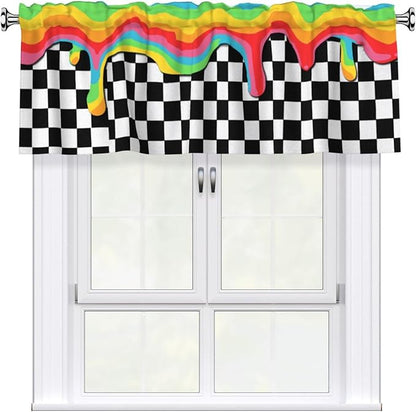 Rainbow Checkerboard Curtain Valance Short Rod Pocket Window Treatment for Living Room Bedroom Kitchen Bathroom 1 Panel 54" W x 18" L