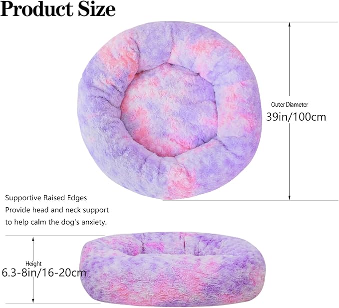 Calming Dog Bed for Big Dogs, 39'' Round Anti-Anxiety Warm Fluffy Plush Faux Fur Bed, Soft Anti-Slip Donut Washable Big Pet Bed, Cozy Big Dogs Bed, Fits up to 100 lbs Pets