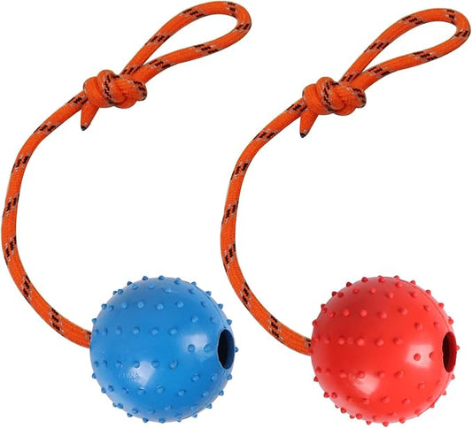 2 Pack Dog Ball, K9 Ball on Rope for Reward, Fetch, Play (Blue and Red)