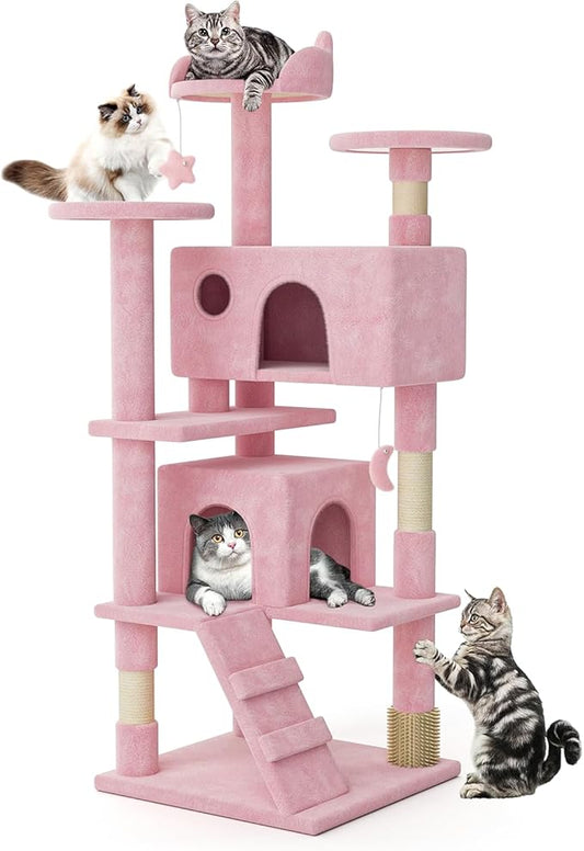 MoNiBloom 54 Inch Cat Tree Tower for Indoor Cats Large Adults, Pink Cat Tower with Scratching Post, Multi-Level Furniture Activity Center with Cat Condo Pet Play House, Soft Pink