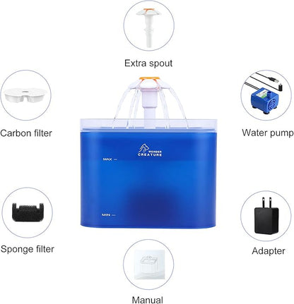 Cat Water Fountain, 67oz/2L Automatic Cat Drinking Fountain, Pet Water Dispenser with LED Light and Filter for Cats and Small Dogs (Blue)