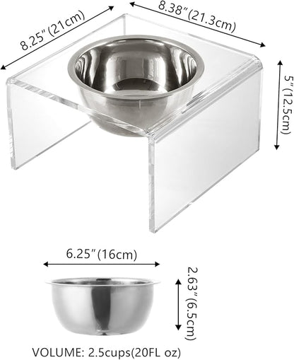 The LICKER Store DBL2002A Keaton 5" Small/Medium Modern Acrylic Rectangular Elevated Pet Feeder with 20oz 1-Stainless Steel Bowl, Clear/Chrome