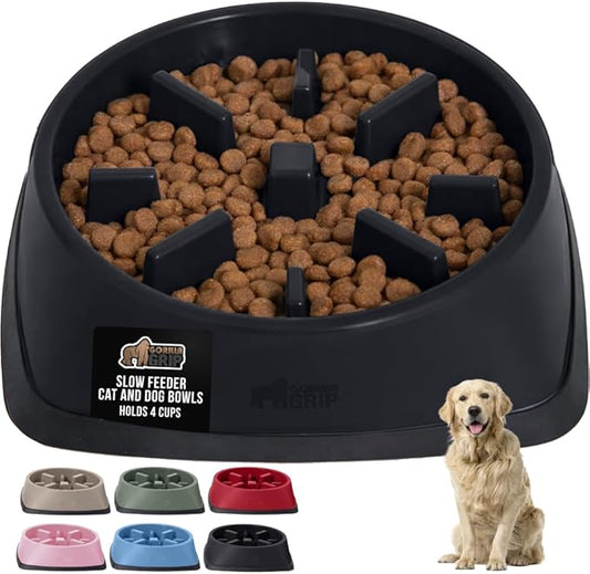 GORILLA GRIP Patented BPA Free Slow Feeder Dog Bowls, 4 Cup Interactive Puzzle Toy for Dogs and Cats Food Training Enrichment, Keeps Pets Busy and Prevents Puppy Overeating, Large Breeds, Black