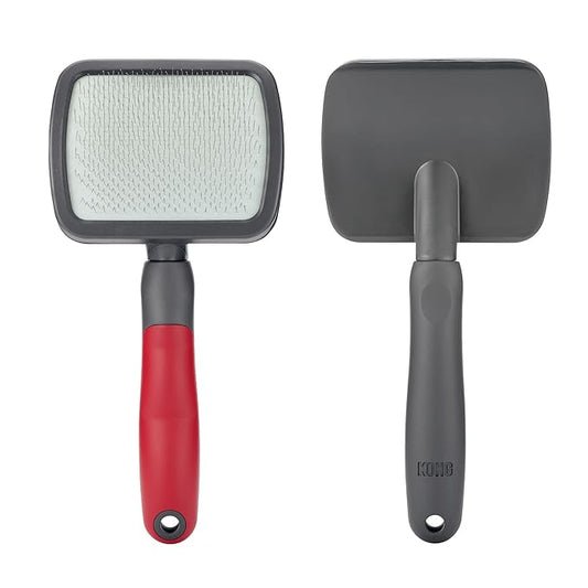 KONG Large Slicker Brush – Removes Loose Hair, Reduces Shedding, Comfortable Non-Slip Grip, Long Metal Pins, for Medium to Large Dogs with Medium to Long Coats, Red/Gray