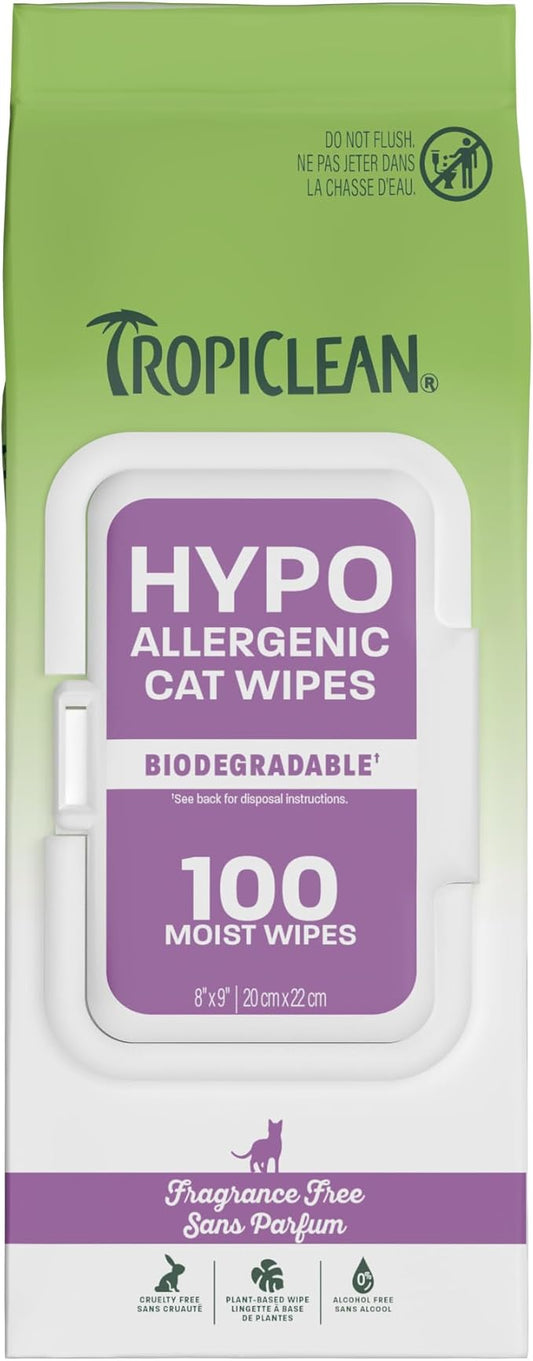 TropiClean Hypoallergenic Cat Wipes, Unscented, Essential Cat Grooming Supplies, Kitten Safe, Grooming Wipes for Cleaning Fur, Made in USA, 100ct