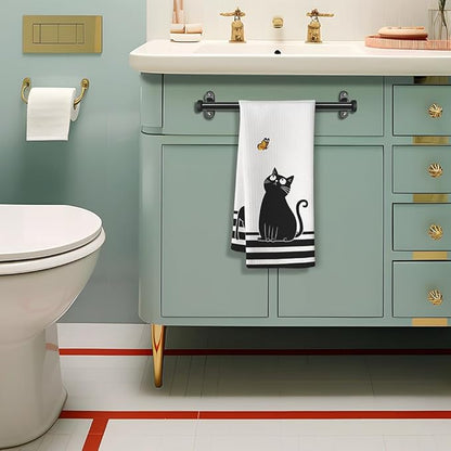 Cat Kitchen Towels - Quick-Dry Black Feline Gathering Art with Butterfly Watcher, Decorative Hand Towel for Humorous Pet Moms | Kitchen Dish & Bathroom Towels Decorative, Crazy Cat Lady Gifts