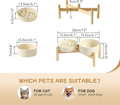 Ceramic 0.9 Cup Raised Slow Feeder Dog Bowl Set, Elevated 6.1inch Slow Dish and 6.1inch Water Bowl with Wooden Stand for Small Dogs (2 x Beige+ Stand)