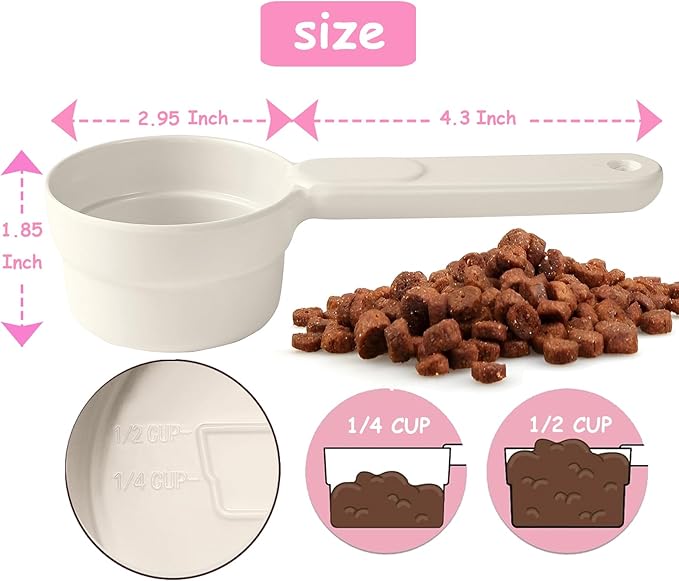 Dog Cat Food Scoop - Pet Food Scoop Dog Food Measuring Cup 1/2 1/4 Cup, Comfortable Long Handle for Easy to Scoop Food, White 1/2 Cup