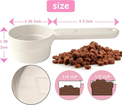 Dog Cat Food Scoop - Pet Food Scoop Dog Food Measuring Cup 1/2 1/4 Cup, Comfortable Long Handle for Easy to Scoop Food, White 1/2 Cup