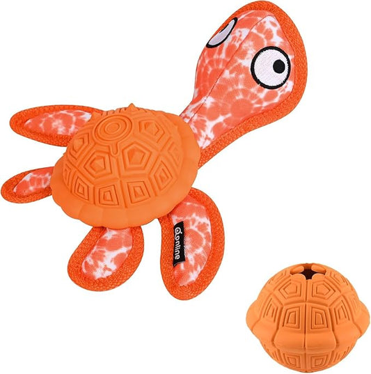 Squeaky Turtle Dog Toy, Treat Dispensing Rubber Ball, Bite Resistant Plush Chew Toy, Interactive Tug & Fetch Enrichment Toy for Medium & Small Breeds, Safe & Engaging for Puppies (Orange)