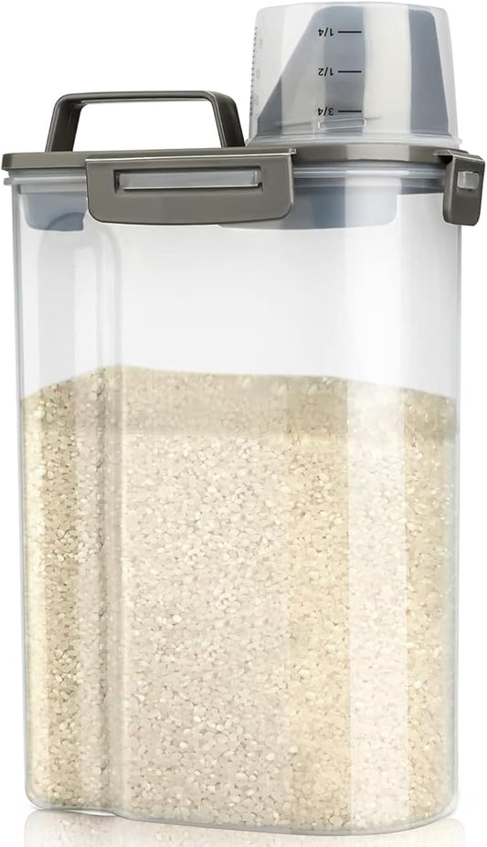 Rice Airtight Storage Container, 3 to 5Lbs Cereal Dry Food Flour Bin, Pet Dog Cat Food Dispenser with Measuring Cup, BPA Free Clear Plastic Kitchen and Pantry Organization Bin for Sugar
