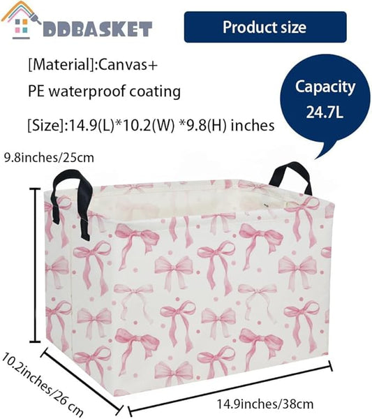 Kids Basket Pink Baskets Girls Basket Rectangular Cute Storage Bin for Room Decor(Pink bownot)