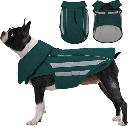 IECOii Dog Coat for Deep Chest Breeds- Reflective & Adjustable Jacket, Windproof Warm Vest for Light Rain, Snow, Waterproof Winter Coats for French Bulldogs, Boston Terrier, Green, Size M