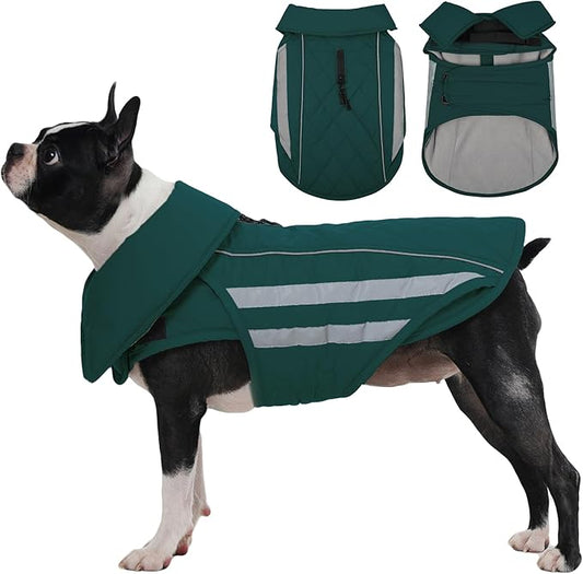 IECOii Dog Coat for Deep Chest Breeds- Reflective & Adjustable Jacket, Windproof Warm Vest for Light Rain, Snow, Waterproof Winter Coats for French Bulldogs, Boston Terrier, Green, Size M