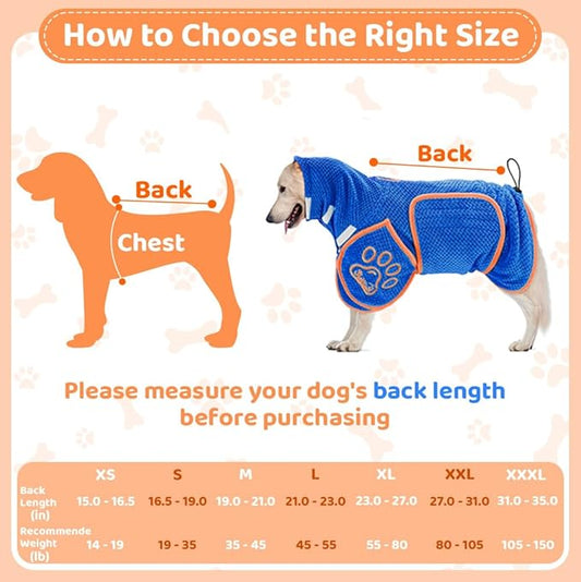 SlowTon Dog Bathrobe Towel - Super Absorbent Microfiber Pet Quick Drying Towel, Wearable Soft Bath Robes for After Bath Shower Swim Wet Walk, Adjustable for Small Middle Large Dogs (Blue, 2XL)