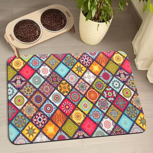 Dog Food Mats for Floors Waterproof, Pet Water Bowl Mats Pet Feeding Absorbent Placemats Bohemia 16 * 24 inch
