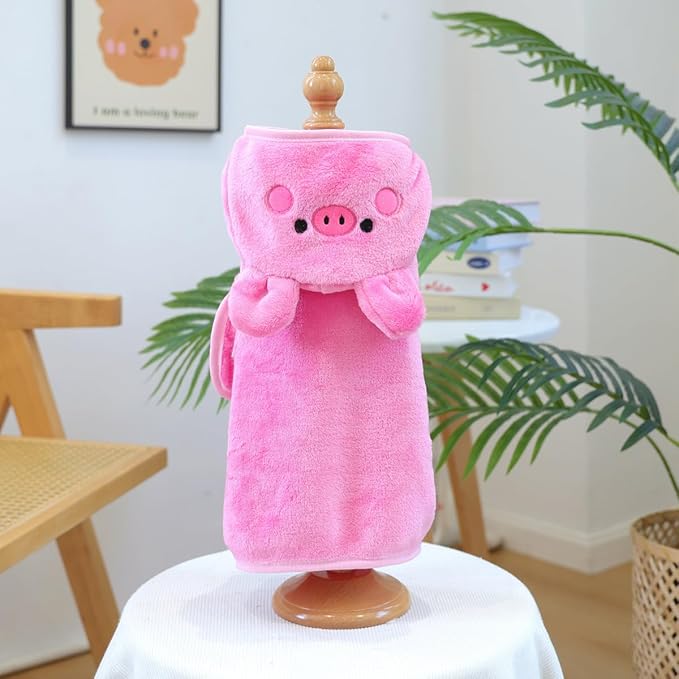 Dog Bathrobe with Hood Super Absorbent Soft Quick Drying Towel Wrap Adjustable Puppy Cat Bath Robe Towel for Cold Weather Beach Pool (Pink Pig, Small)