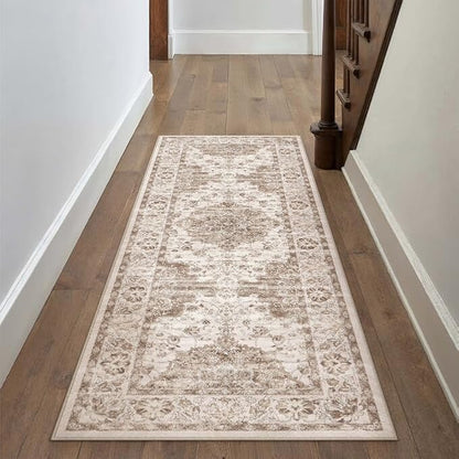 Washable Runner Rug 2x6 for Hallway Brown Vintage Long Carpet Soft Low Pile Non Slip Throw Rug Floral Distressed Accent Rug for Entryway Bathroom Office Laundry Dining Room