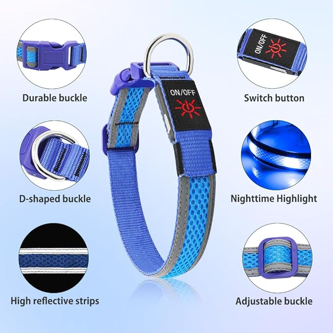 Illumifun LED Dog Collar, USB Rechargeable Light Up Collar Glow in The Dark, Reflcetive Safery Pet Light for Large Dogs Walking at Night (Large, Light Blue)