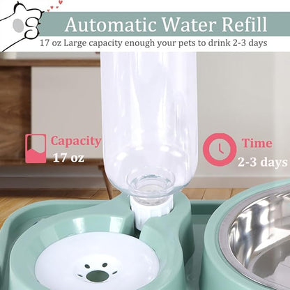 Dog Bowls, Non-Slip Puppy Cat Food and Water Bowl Set with Water Dispenser and Stainless Steel Bowl Detachable Gravity Pet Feeder and Waterer Set for Dogs (Blue, 1000ML)