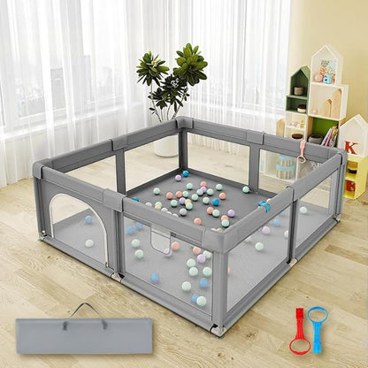 Large Baby Playpen,59" x 71" Baby Playard for Babies and Toddlers, babyFence Play Pens for Indoor & Outdoor, Sturdy Safety Play Yard with Soft Breathable Mesh, Anti-Fall (Grey)