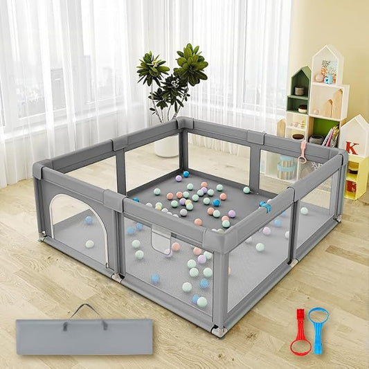 Large Baby Playpen,59" x 71" Baby Playard for Babies and Toddlers, babyFence Play Pens for Indoor & Outdoor, Sturdy Safety Play Yard with Soft Breathable Mesh, Anti-Fall (Grey)
