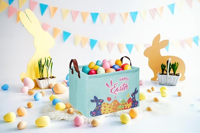 CLOCOR Rectangular Blue Easter Egg Gift Basket Empty,Waterproof Storage Basket with Handles,Room Decor(Blue Easter Bunny)