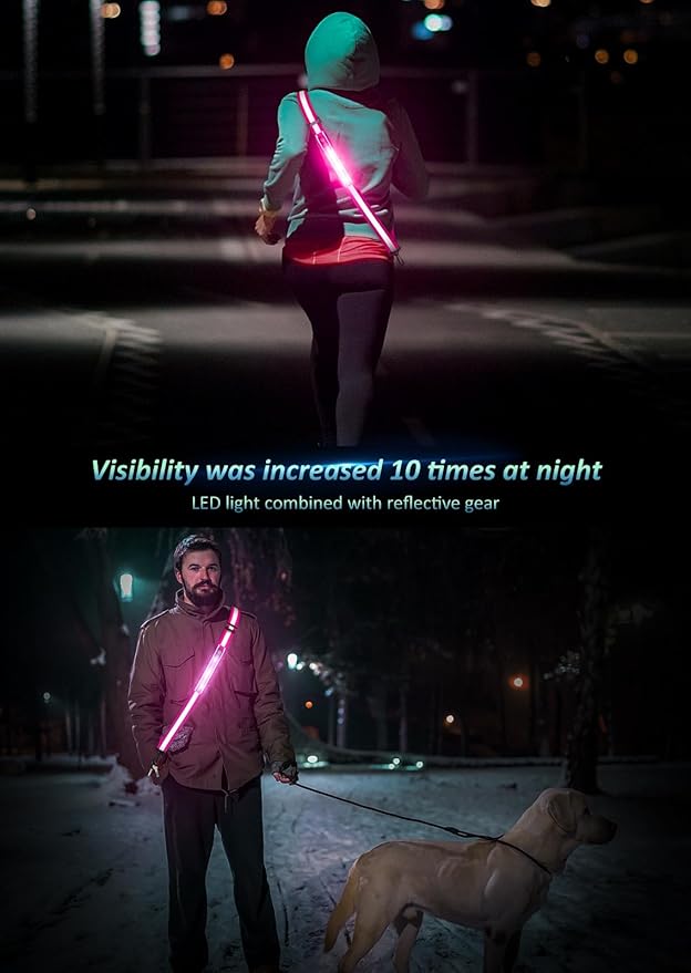LED Reflective Belt Sash Walking Gear,Safety Lights for Walkers at Night,High Visibility Safety Rechargeable Reflective Running Gear for Men Women Kids Night Dog Walking Gear