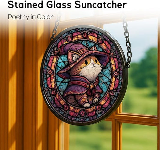 Stained Glass Window Hanging， Cat on Moon 11.8in Sun Catchers Indoor Window， Core Decor Inside and Outside The Cottage， Gothic Decor， Cute Black Cat Gifts for Women， Home Decor