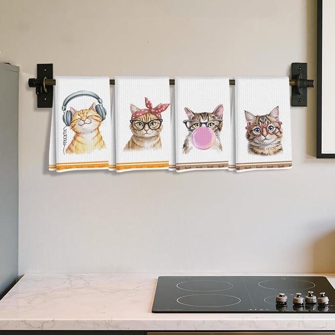 Hanamiya Na 4 Pcs Funny Cat Kitchen Hand Towels 24x14 Inch, Cute Hand Towels for Home Kitchen Bathroom Farmhouse Decor, Cat Mom Lover Lady Gifts for Women Friend Grandma