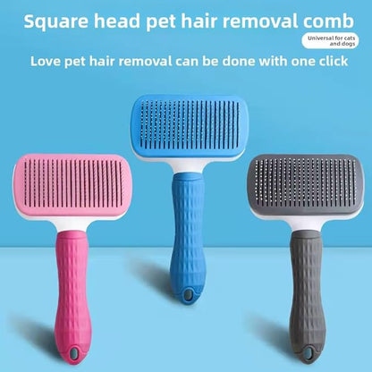 Pet hair grooming square brush with Massage Particles, Self Cleaning Dematting Comb Dogs and Cats, Easy to Use, Ergonomic Handle Design (Blue)