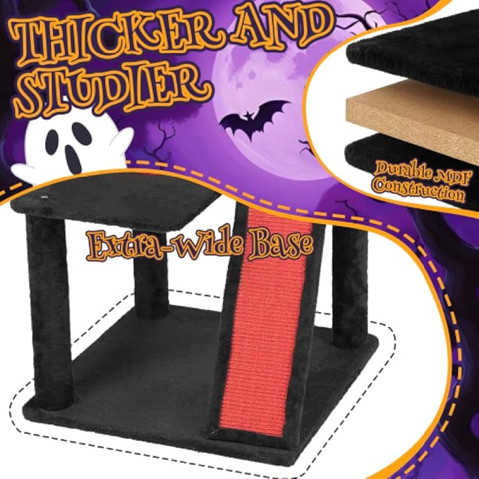 VINGLI 41.8in Gothic Cat Tree, Halloween Cat Tower for Indoor Cats with Dome Cat Condo, Branch Shaped Sisal Scratching Post, Ladder Scratcher & Hanging Spider Toy, Red & Black Cat Furniture