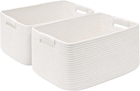 2 Pack Large Storage Basket for Organizing, 17.5"x13"x7" Woven Basket for Shelves, Closet Cube Storage Bins with Wrapped Handle, Cotton Rope Baskets for Kitchen, Clothes, Toys(Off White)