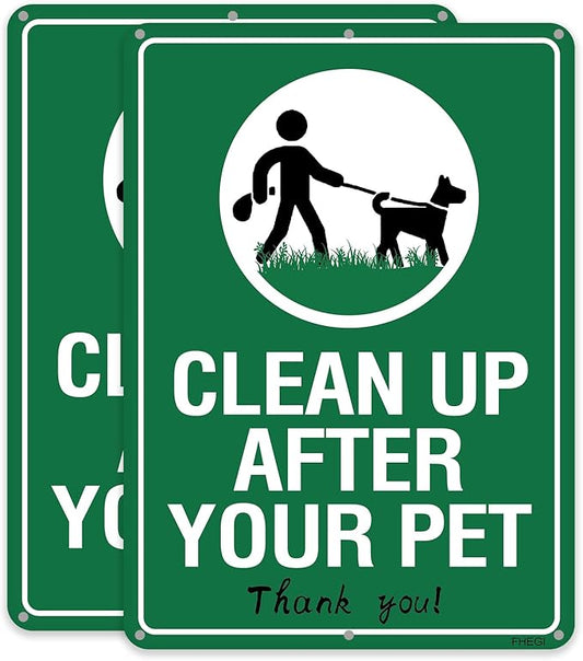 2-Pack Clean Up After Your Dog Signs, 10"x7", Rust Free Reflective Aluminum Yard Signs, UV Protected, Weatherproof