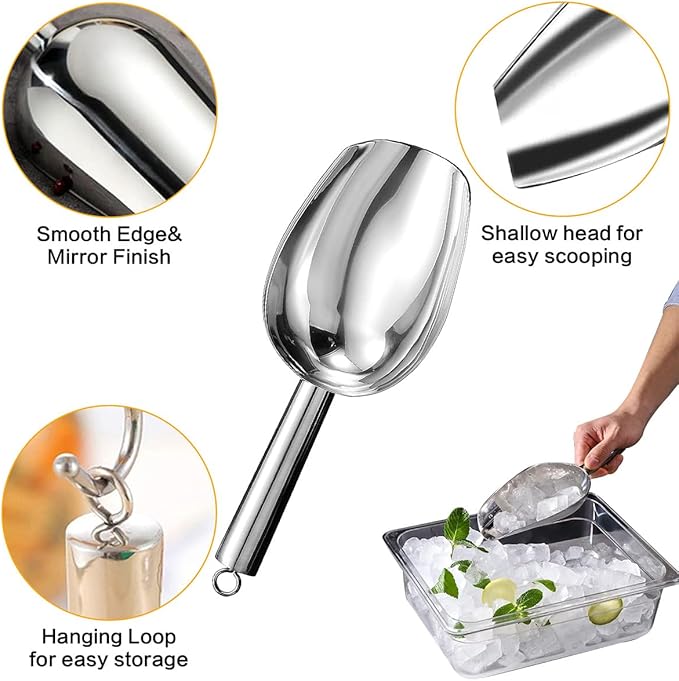 Metal Ice Scoop，Kitchen Ice Scooper for Ice Maker,Stainless Steel Small Ice Scooper for Freezer，Kitchen Gadgets Cookie Flour Pet Dog Food Scoop (silver, 6OZ)