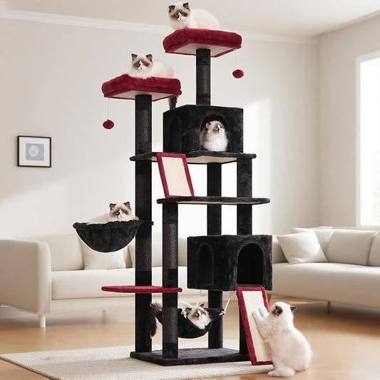 Gitelsnour Cat Tree for Indoor Cats, 71'' (180cm) Multi-Level Cat Tower for Large Adult, Gothic Sturdy Cat Tree House with 2 Scratching Boards 7 Posts, 2 Plush Perches/Condos, Hammock, Black GCT032BR