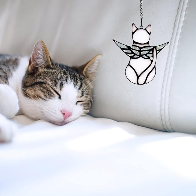 BOXCASA Angel Cat Memorial Gifts for Women,Stained Glass Window Hanging Decorations,Angel Wings White Cat Suncatcher Decor,Pet Memorial Sympathy Gifts Decoration