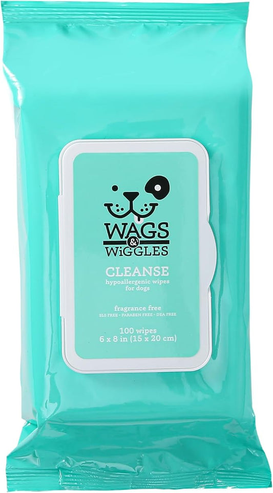 Wags & Wiggles Hypoallergenic Dog Wipes for Sensitive Skin, Fragrance Free Waterless Cleansing Towelettes for Paws Face Body & Rear, No SLS DEA Parabens, 100 Count