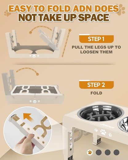 Elevated Dog Bowls, Non-Slip Dog Feeder with 1*Stainless Steel Dishes & 1*Slow Feeder Bowl, 5 Heights Adjustable Raised Bowls for 3.15″-8.66″-9.84″-11.02″-12.2″